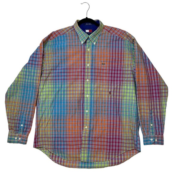 Vtg Tommy Hilfiger Rainbow Plaid Checkered Button‎ Down Dress Shirt Mens XL 90s - Picture 1 of 10